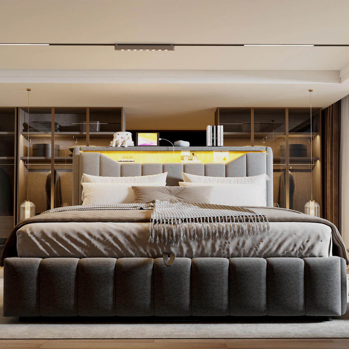 BOXBETT 180/200 mit Bettkasten, LED/USB-C, Lattenrost, Leinen, Grau - Grau, Holz/Textil (180/200cm) - LVHOM