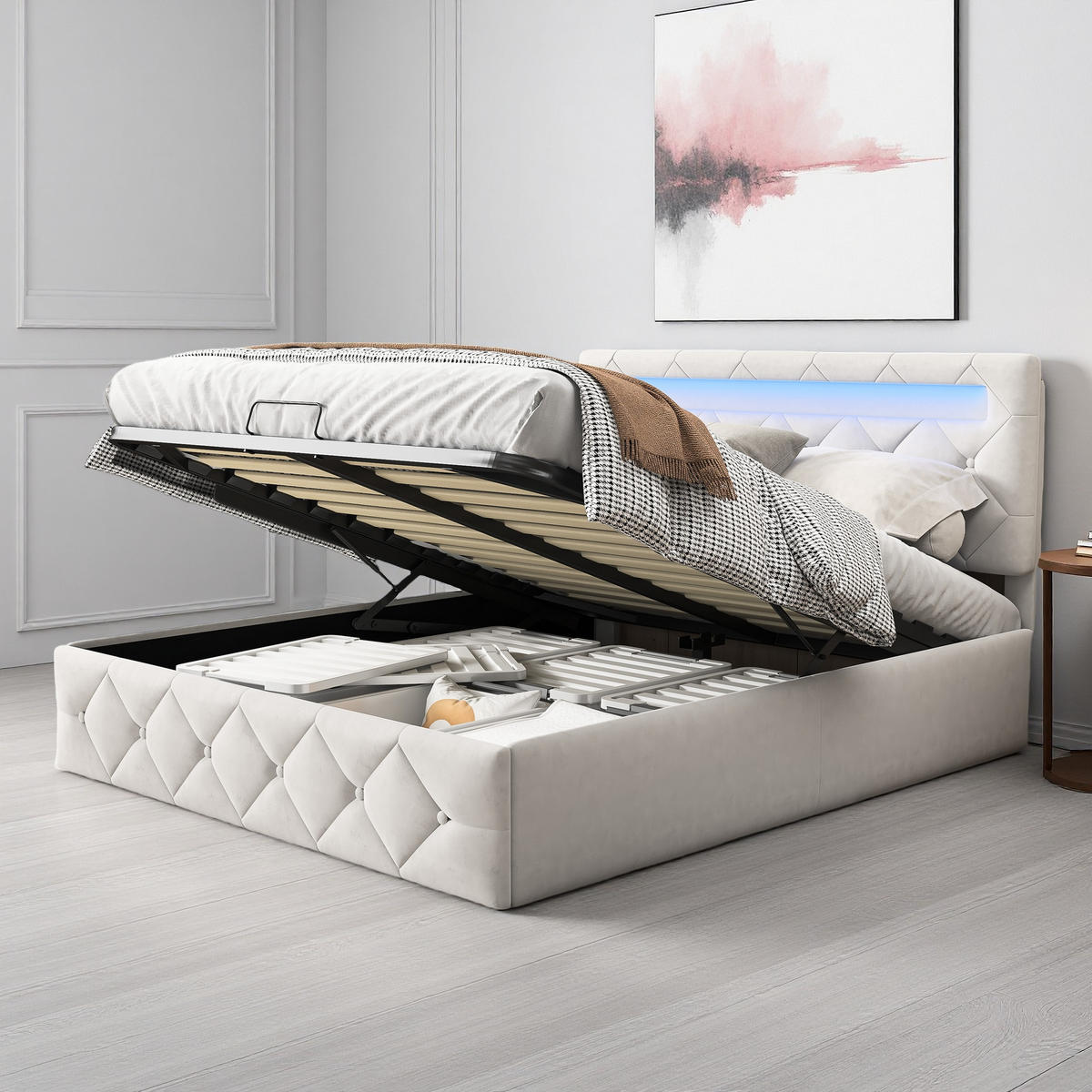 POLSTERBETT 140x200 cm Apricot Stoff LED USB Gaslift Bettkasten - Beige, Holz (140/200cm) - SHOPENTRA