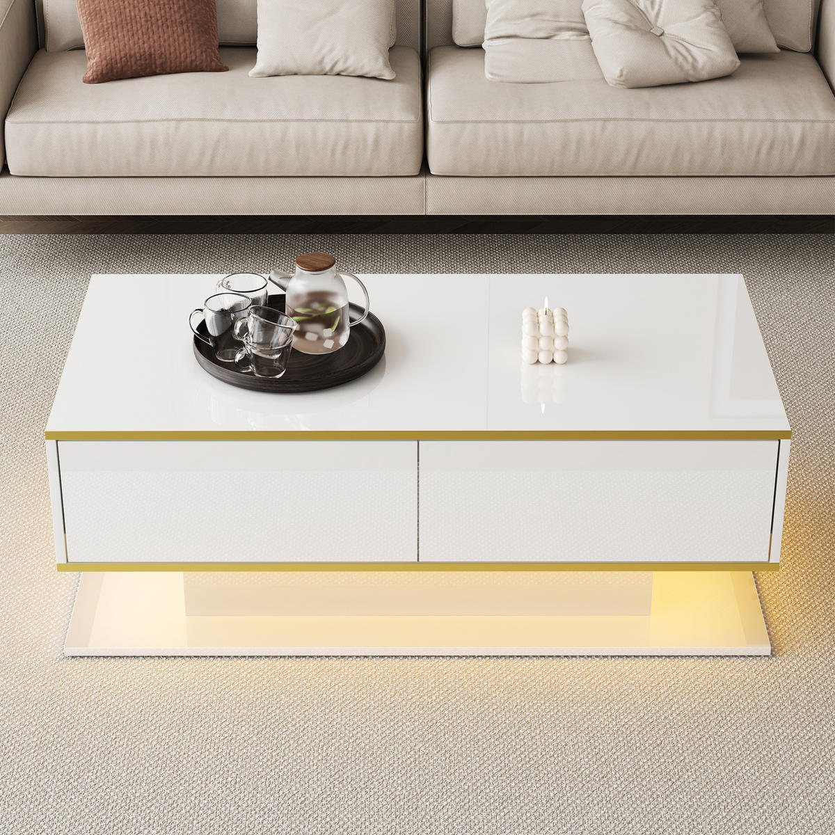 COUCHTISCH 100/50/40 cm mit LED-Beleuchtung, 3 Schubladen und offenem Fach, Hochglanz mit Golddekor, Weiß/Gold - Weiß, Holzwerkstoff (100/50/40cm) - Redom
