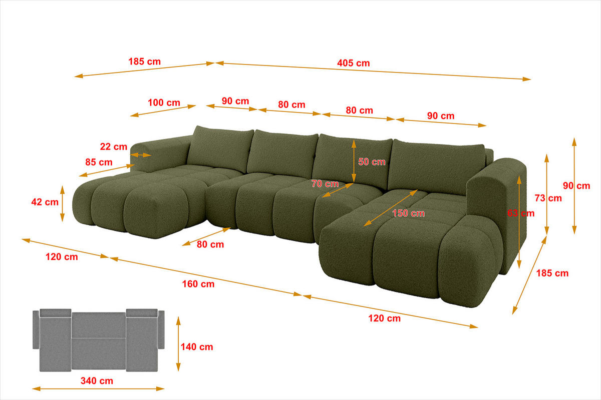 WOHNLANDSCHAFT CLOUD-U 405x185x90 Grün Bouclé - Grün, Holzwerkstoff/Kunststoff (405/90/185cm) - ALTDECOR