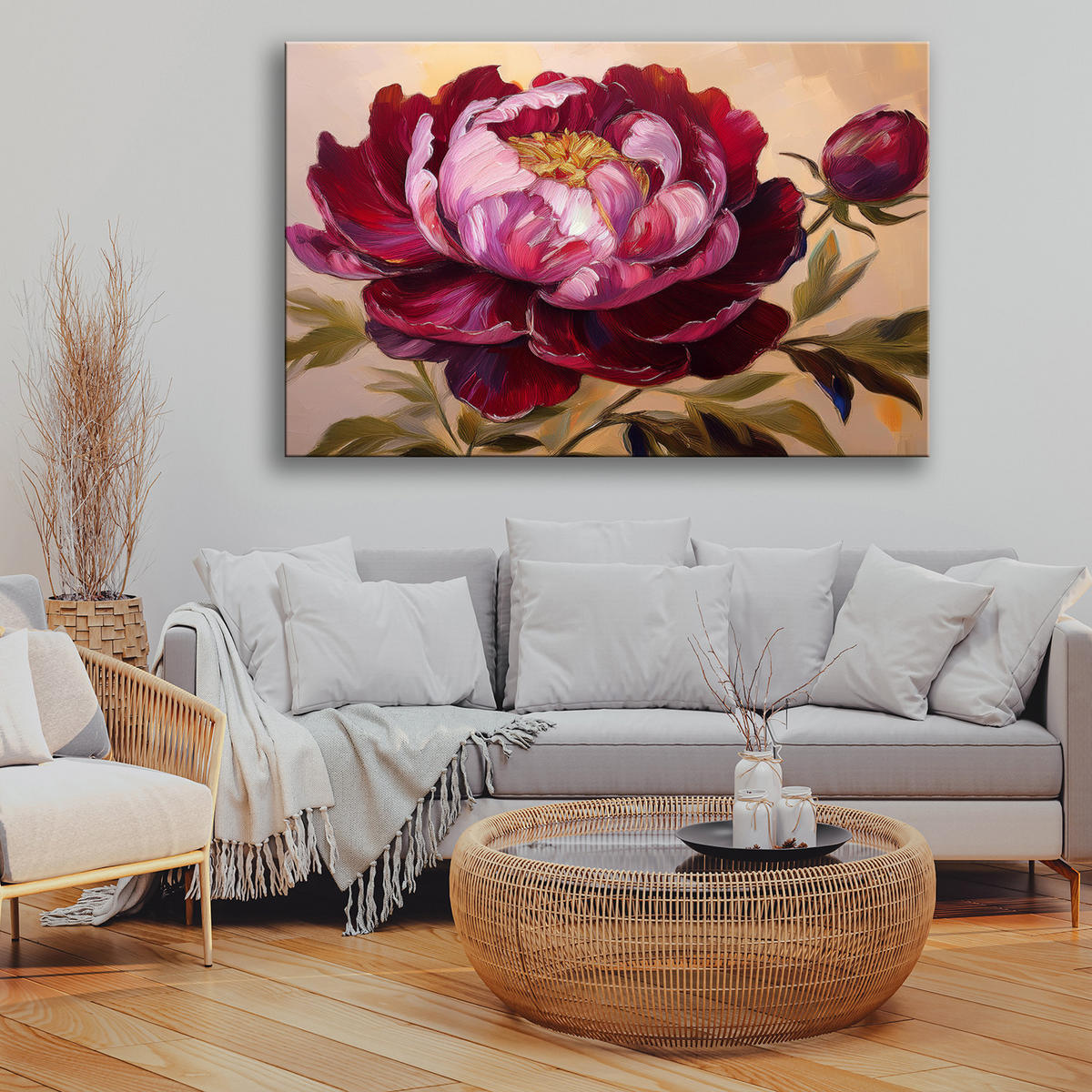 WANDBILD blume pfingstrose rot gemalte - Rot, Textil (60/40cm) - Feeby