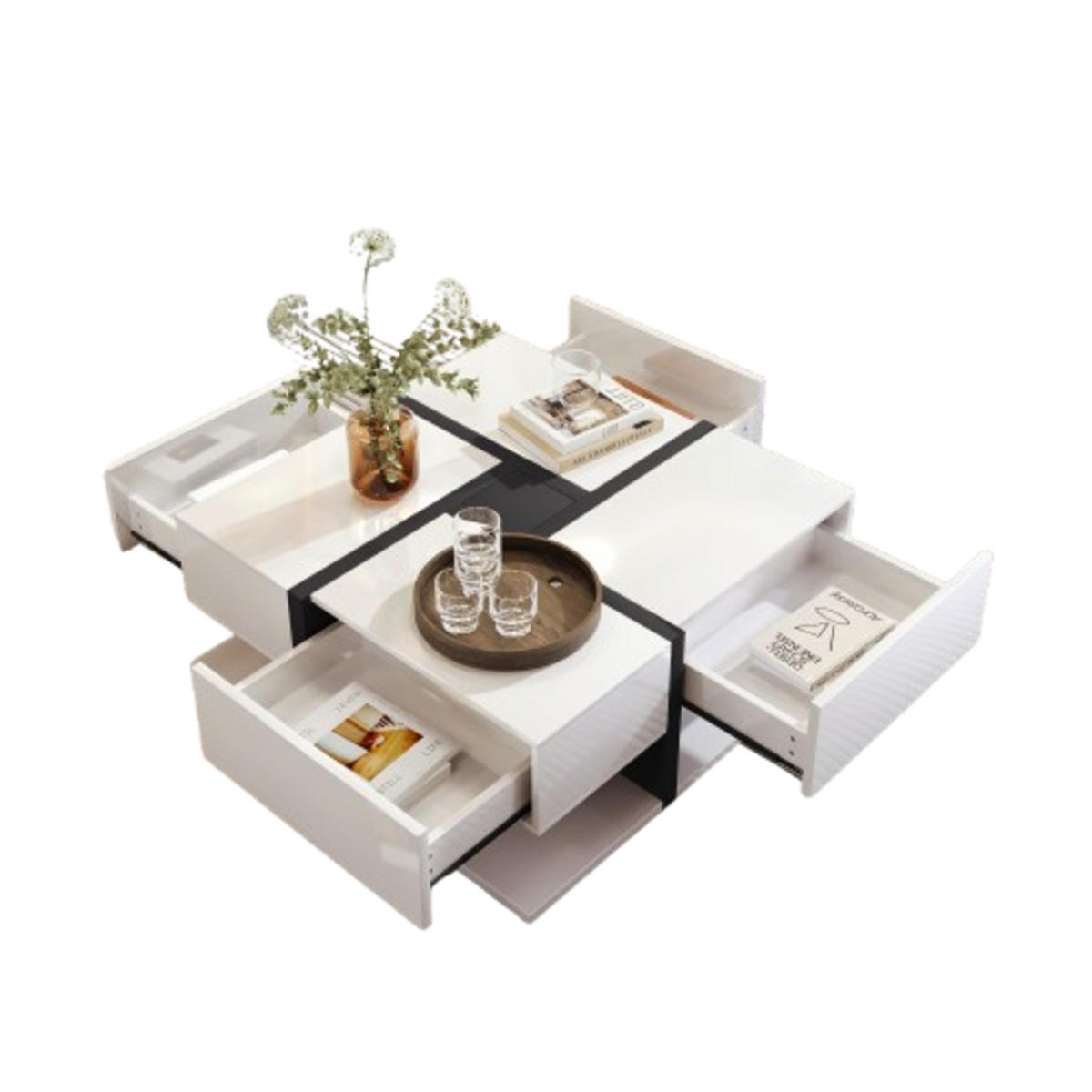 COUCHTISCH 78/78/36 cm hochglänzend mit 4 Schubladen und kreativem Design - Weiß, Holzwerkstoff (78/78/36cm) - OKWISH