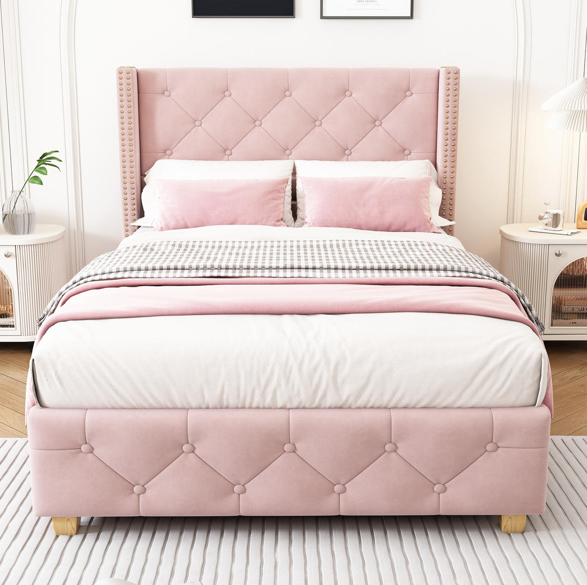 POLSTERBETT 90/200 cm aus Samt in Rosa mit Knopfheftung und Lattenrost - Rosa, Textil (90/200cm) - Flora Grace