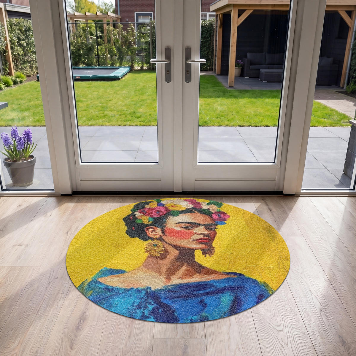 FUSSMATTE Frida Kahlo - Frau - Gelb - Blau - Blumen Schmutzfangmatte 120x120 cm - Gelb, Kunststoff (120/120cm) - MuchoWow