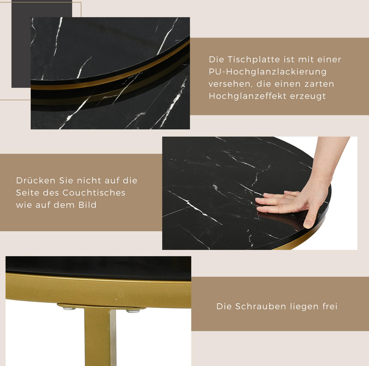 COUCHTISCH-SET 70/70/48 cm Schwarz aus Holzwerkstoff mit Hochglanz-Marmormuster im Nesting-Design - Schwarz, Holzwerkstoff (70/70/48cm) - OKWISH