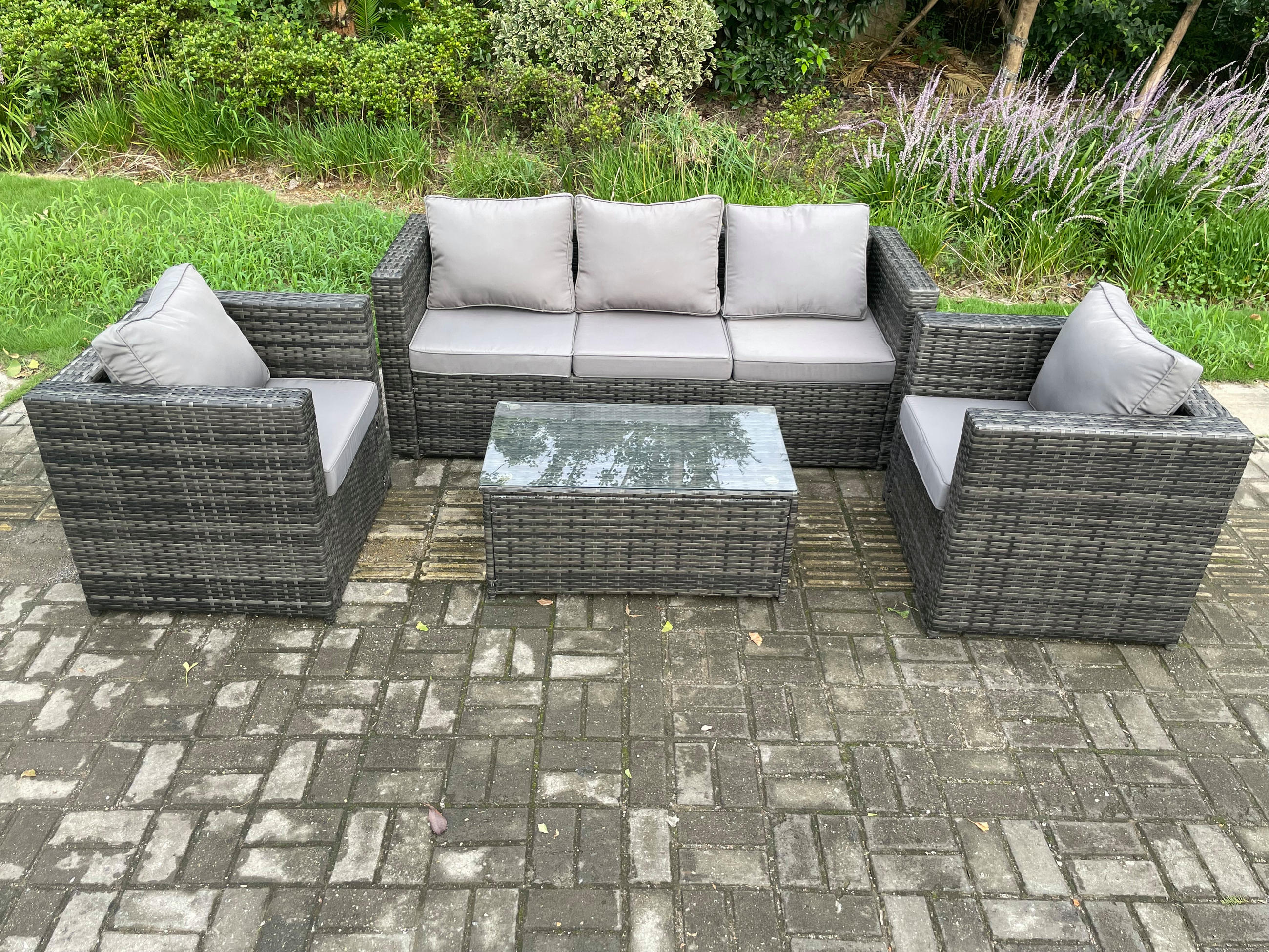 GARTENSET mit Couchtisch Polyrattan 5-Sitzer - Dunkelgrau, Metall - Fimous