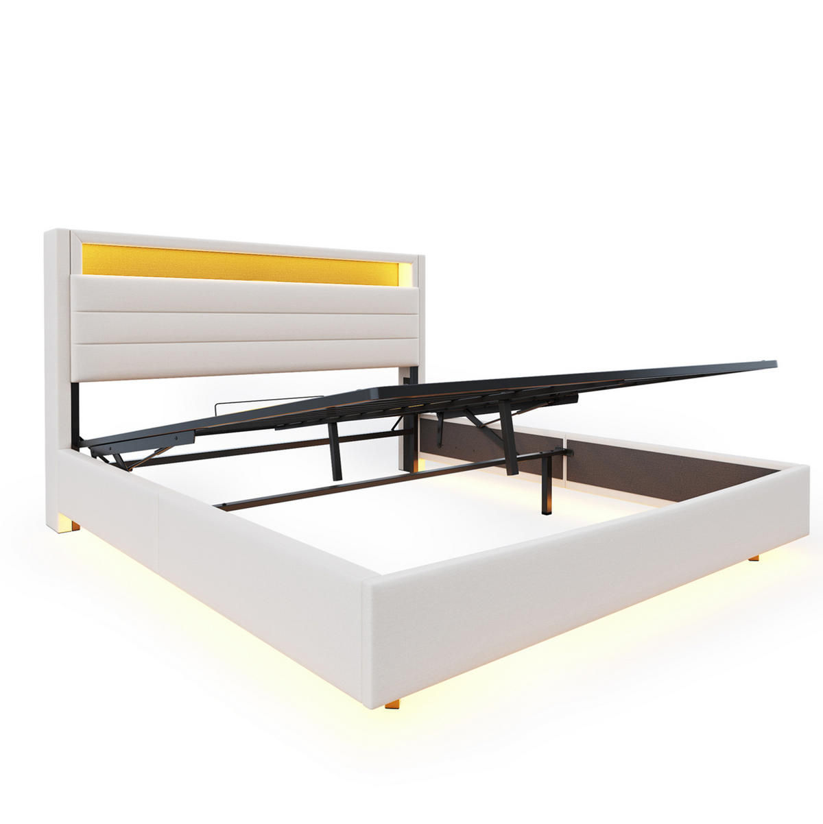 POLSTERBETT 140/200 cm Beige mit hydraulischem Stauraum und LED-Beleuchtung - Beige, Textil (140/200cm) - OKWISH