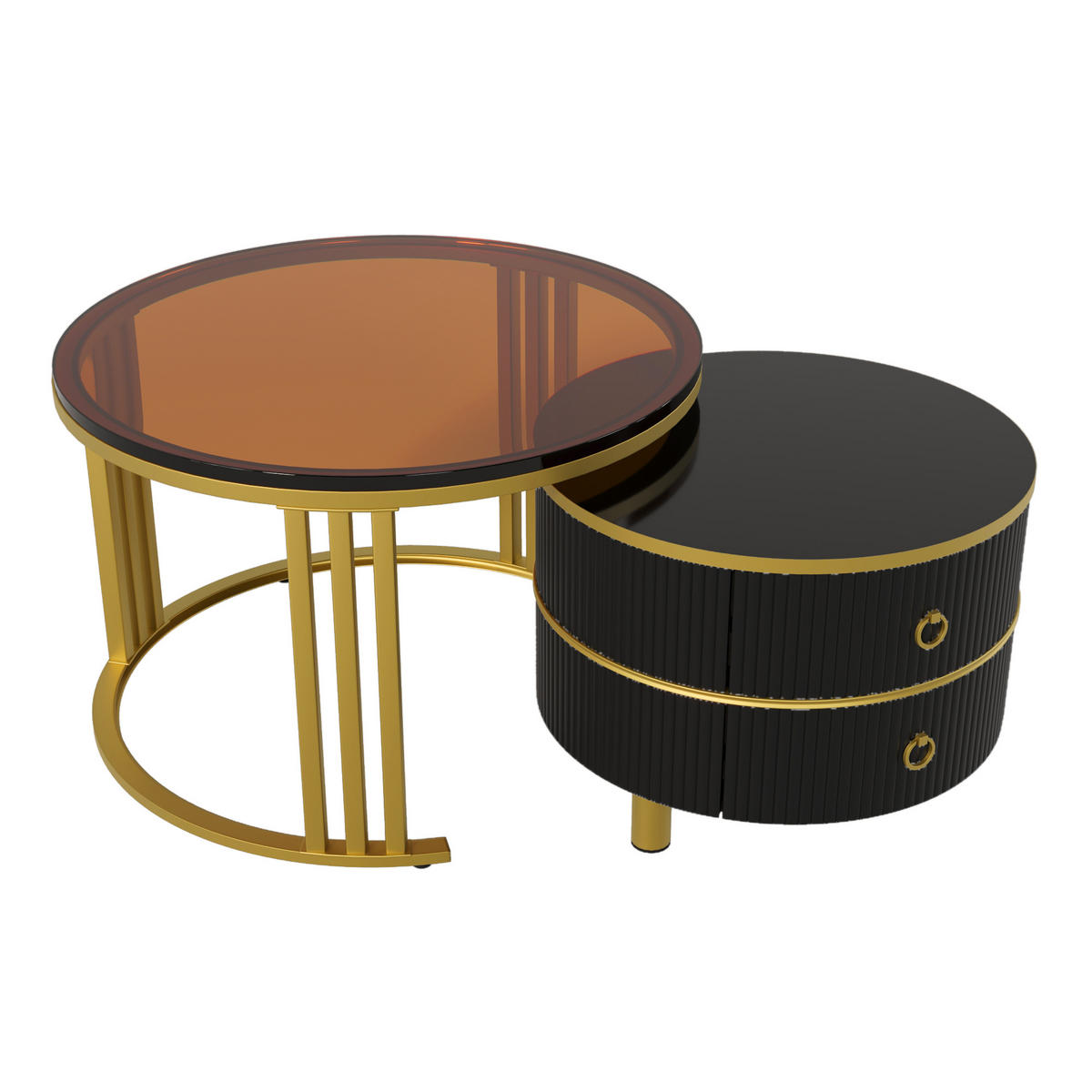 COUCHTISCH-SET, 2-teilig, MDF/Tanne mit gehärtetem Glas & Hochglanzfläche, 70/70/45 + 50/50/40 cm, Gold und Schwarz - Schwarz, Holzwerkstoff (70/70/46cm) - Redom