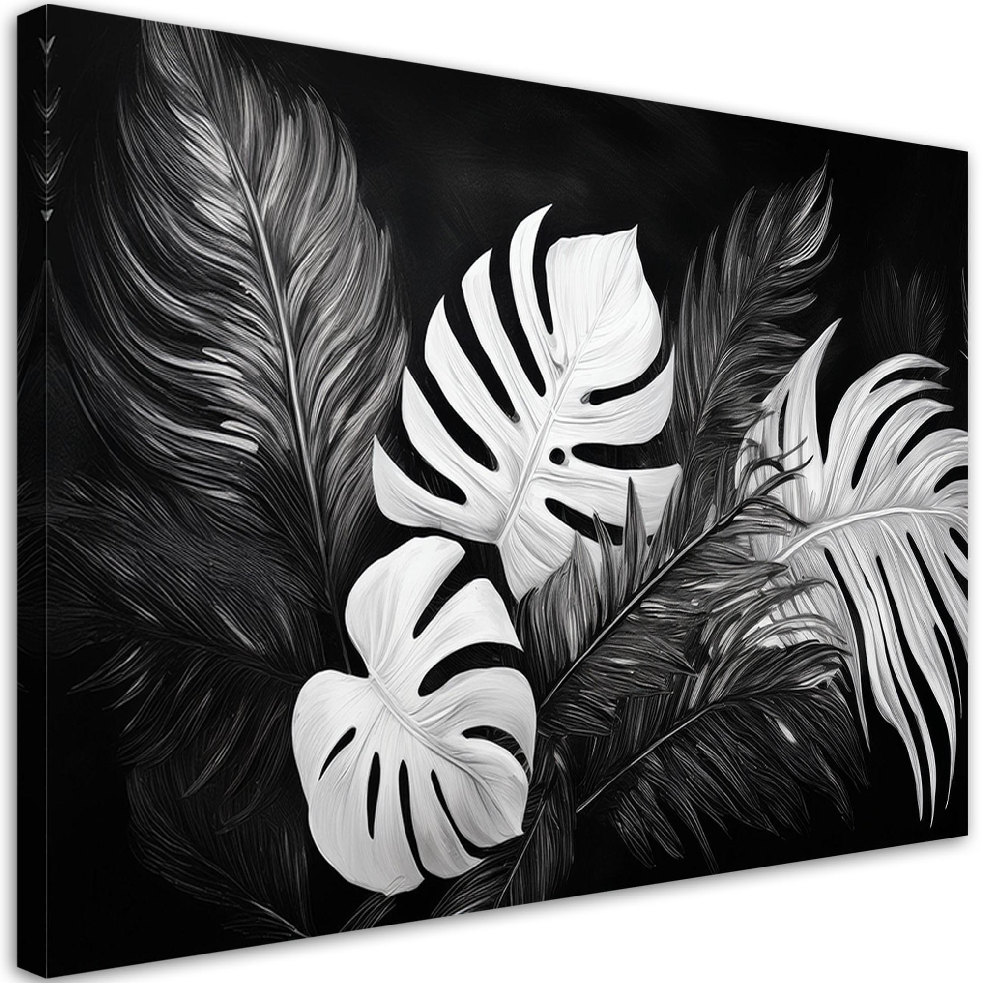 WANDBILD monstera blätter schwarz und weiß - Schwarz, Textil (100/70cm) - Feeby