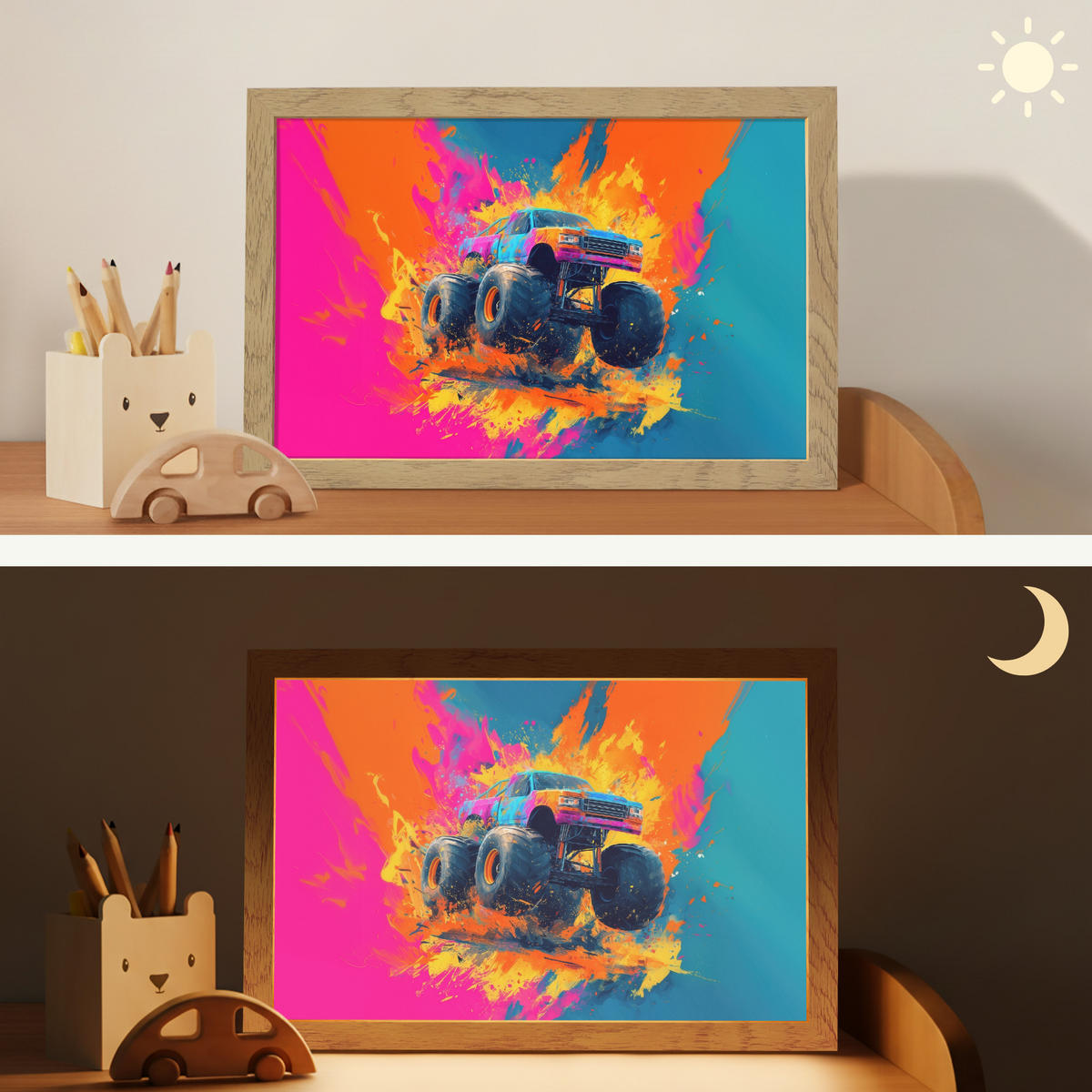 NACHTTISCHLAMPE Monstertruck - Abstrakt - Farbspritzer - Farbenfroh 30x20 cm - Pink, Holzwerkstoff (8/30/20cm)