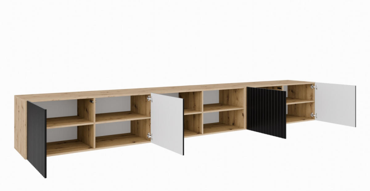 TV-SCHRANK Artisan Schwarz RIO Offene Regale Gerillt 300 cm - Schwarz, Holzwerkstoff (300/41/40cm) - Sepro Meble