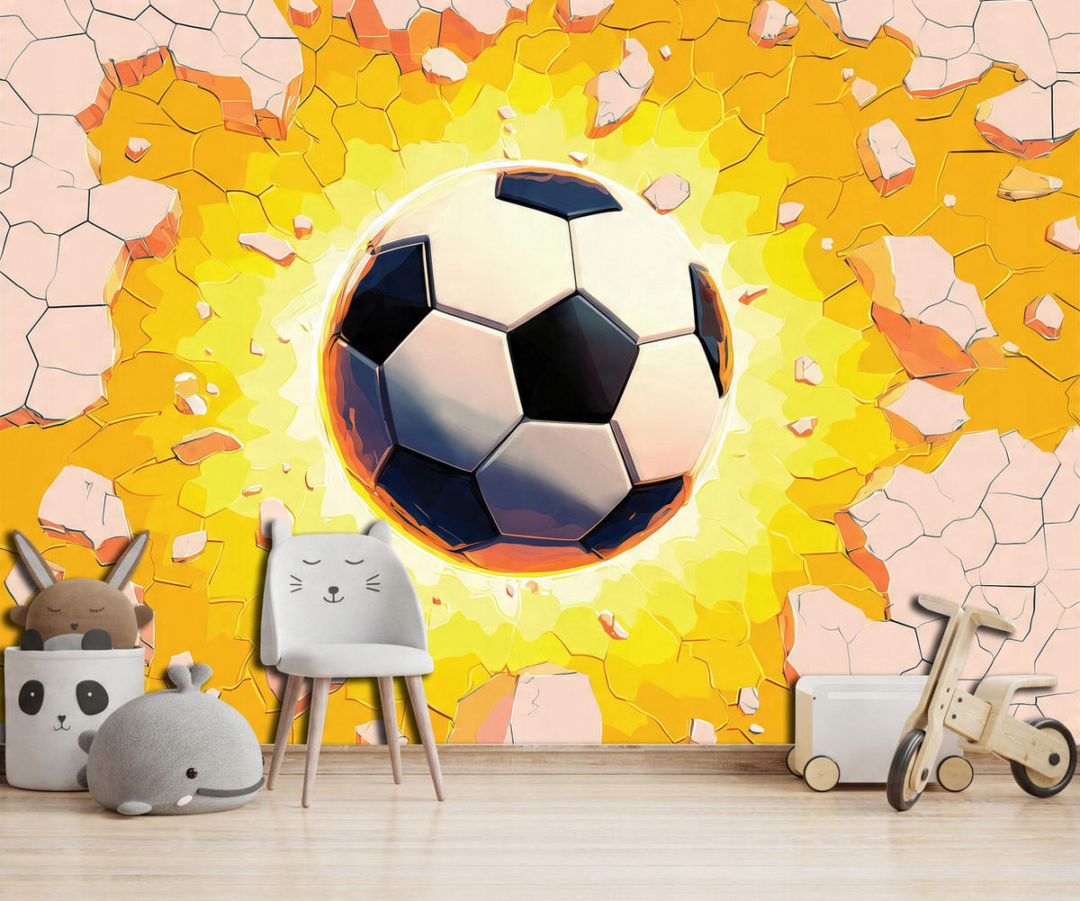 FOTOTAPETE Kinderzimmer Junge Fußball 3D Effekt 400x280 - Multicolor, Papier (400/280cm) - Wallarena