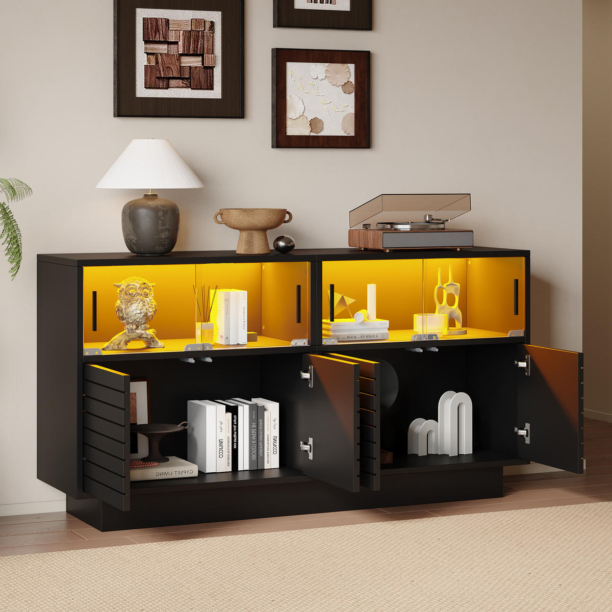 SIDEBOARD LED 2 Türen 4 Fächer Glas 130x35x68cm Stauraum - Schwarz, Holzwerkstoff (35/68/130cm) - FLIEKS