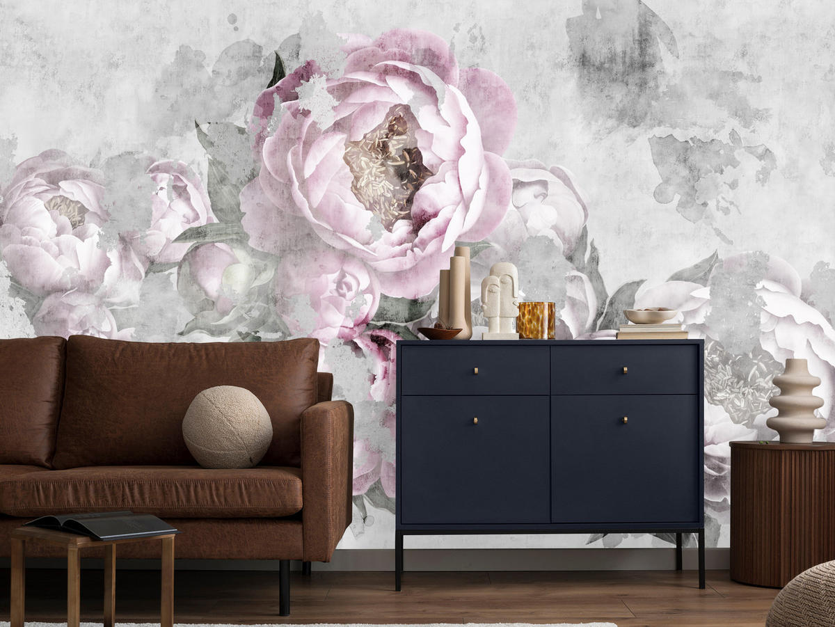 FOTOTAPETE für Küche Abstrakte Pink Pfingstrosen Beton Vintage 200x140 - Rosa/Grau, Papier (200/140cm) - Muralo