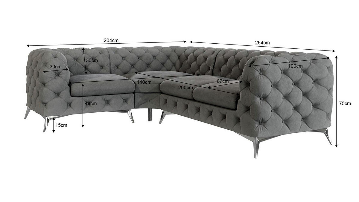 ECKSOFA Chesterfield Laura Grau Samt - Silberfarben/Grau, Holz/Textil (264/204cm) - S-Style Möbel