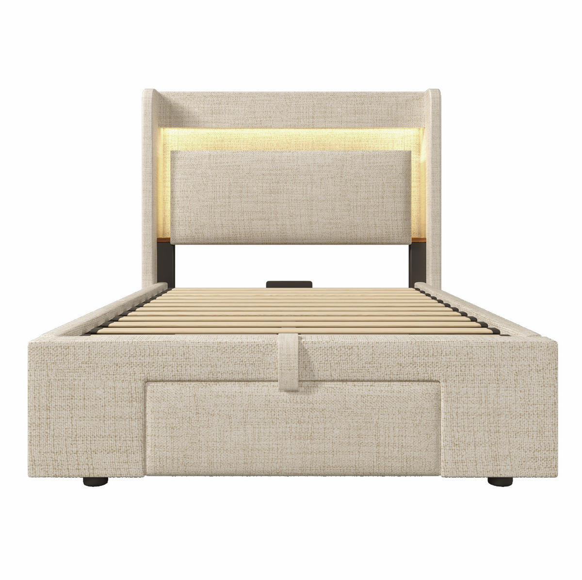 POLSTERBETT 90/200 cm mit Bettkasten, LED-Beleuchtung und gepolstertem Kopfteil - Beige, Textil (90/200cm) - BEAOK