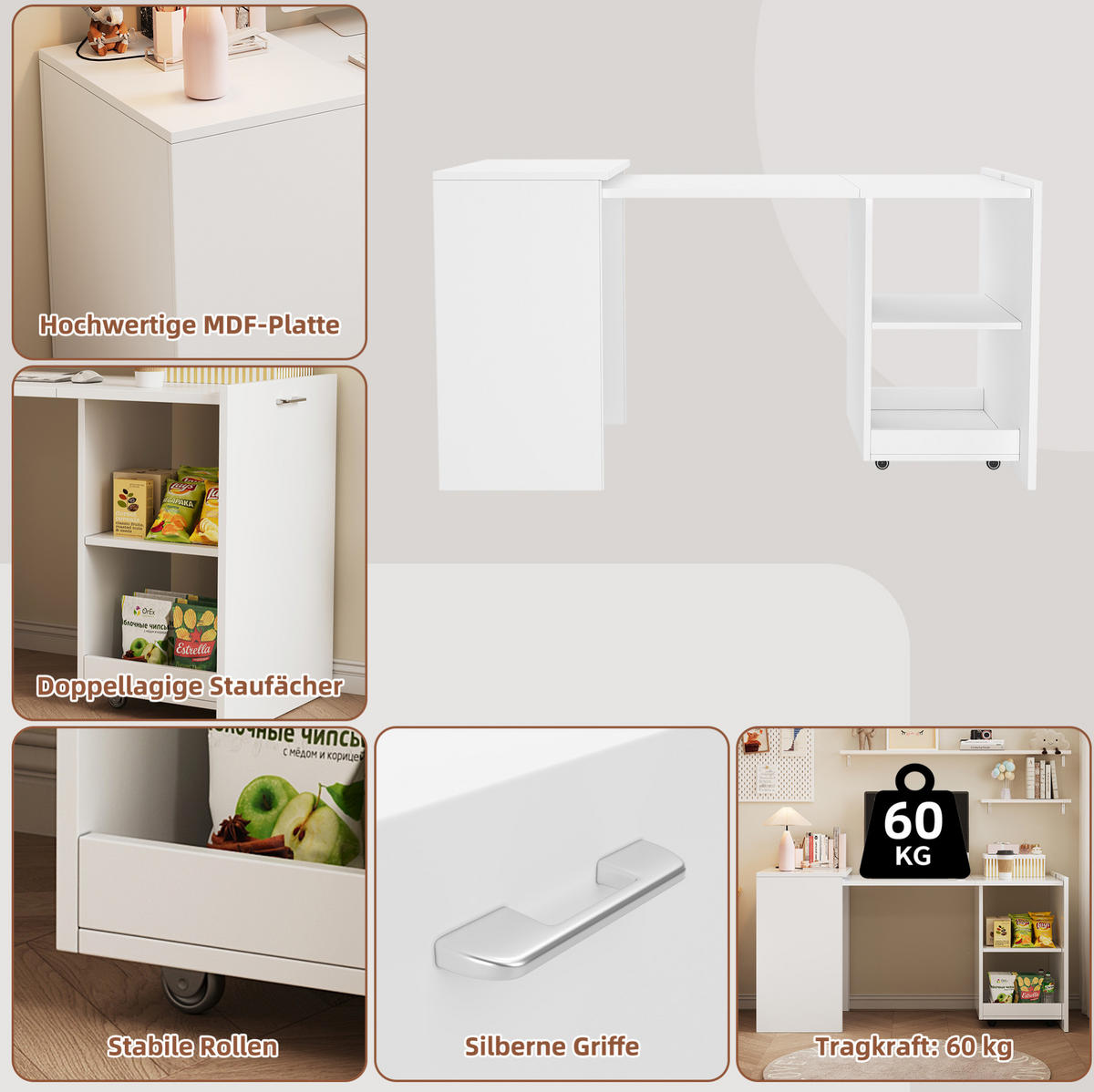 KLAPPTISCH 2-in-1 126 x 55 x 75 cm Weiß mit 4 offenen Fächern - Weiß, Holz (126/55/75cm) - Meubliv