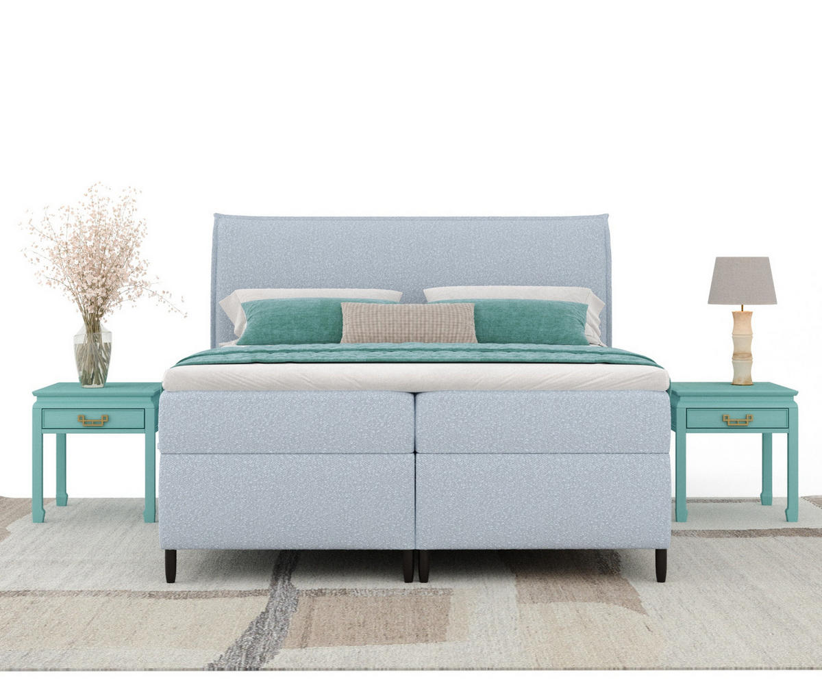 BOXBETT 200/200 cm Corvus, in Pastellblau, Matratze, Topper, Bettkasten, H4 = sehr fest - Pastellblau/Schwarz, Holz/Holzwerkstoff (200/200cm) - Maison de Reve