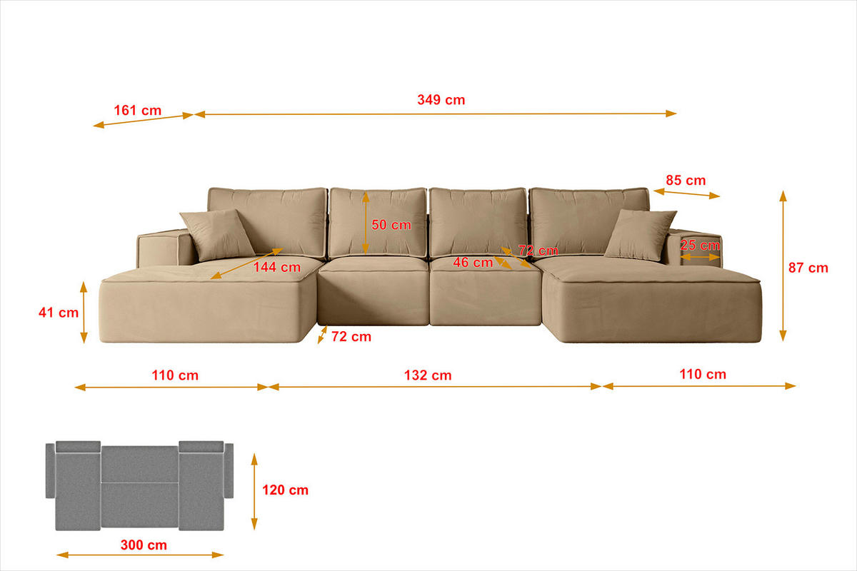 WOHNLANDSCHAFT mit Schlaffunktion und Bettkasten SIERRA-U-S - 349x161x87 cm Beige Velours - Beige/Schwarz, Holzwerkstoff/Kunststoff (349/87/161cm) - ALTDECOR