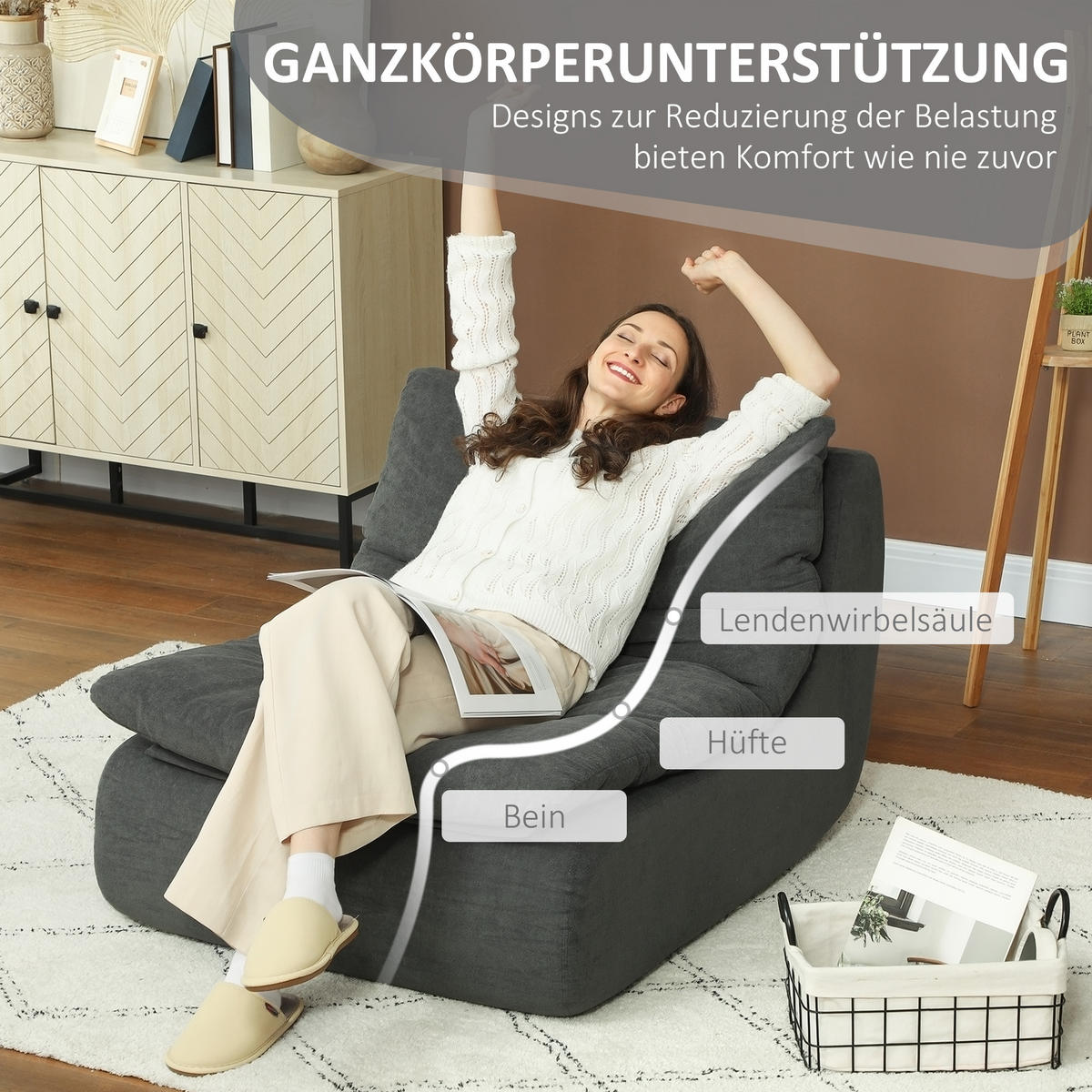 BODENSTUHL, Bodensessel mit einteiligem ultrahochdichtem Schaumstoff, Grau - Grau, Textil (82/75/103cm) - HOMCOM