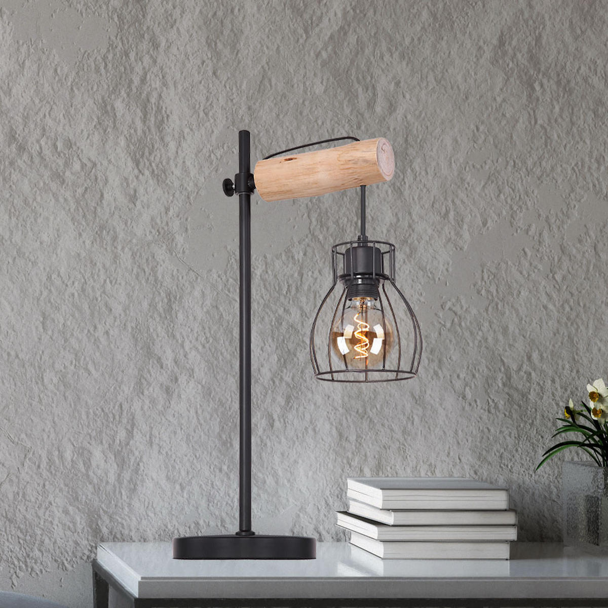 TISCHLEUCHTE Metall Holzoptik Schwarz - Schwarz, Holz (33/18/55cm) - Globo Lighting