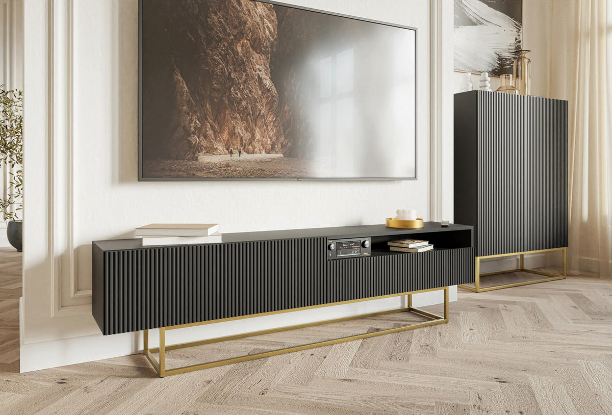TV stolík Veldio čierny na kovovom podstavci 175 cm - čierna/zlatá, kov/kompozitné drevo (175/46.5/31.6cm) - Selsey