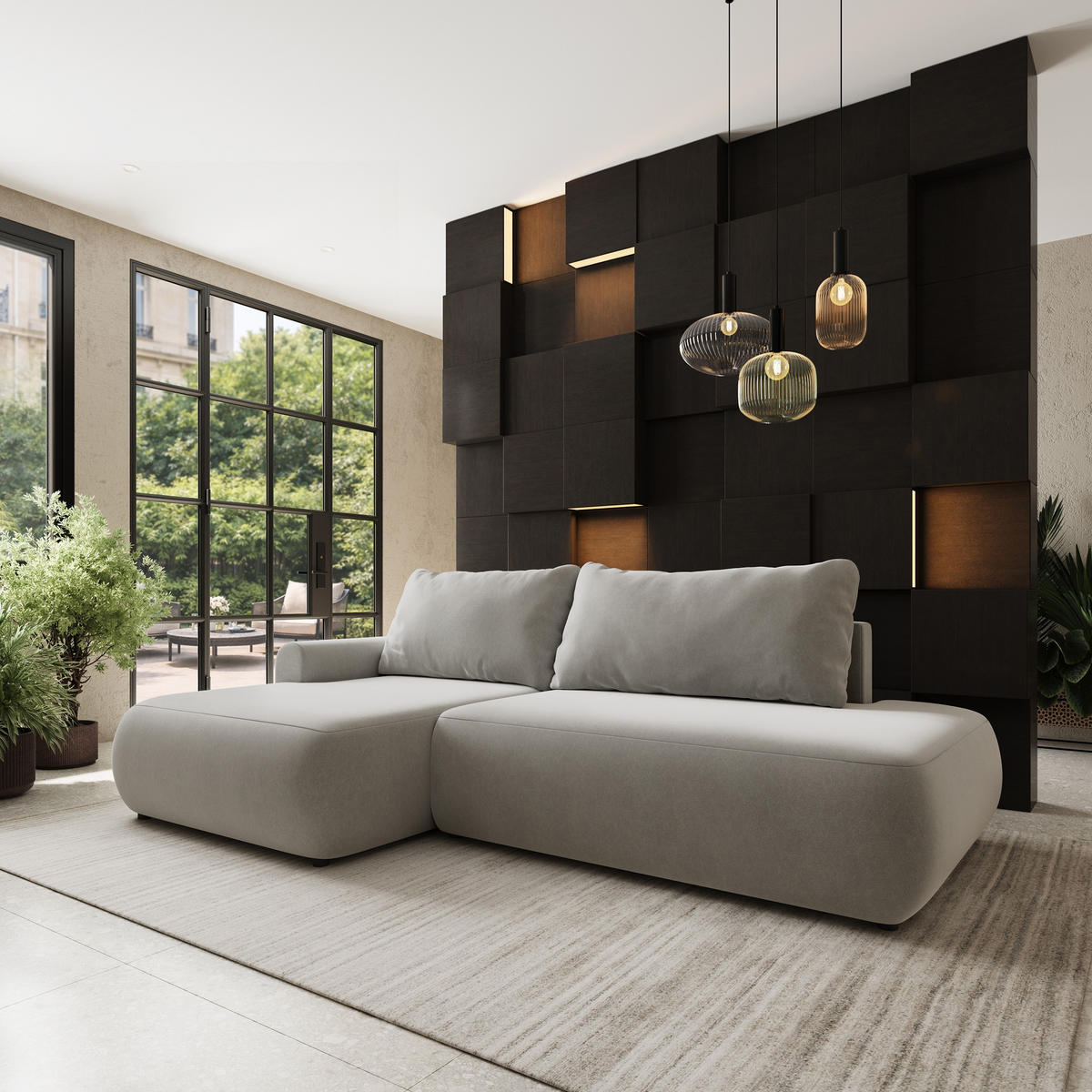 ECKSOFA NUVIRA CL L-S Hellgrau Samtstoff mit Schlaffunktion - Hellgrau, Holzwerkstoff/Textil (279/158cm) - MASSENO