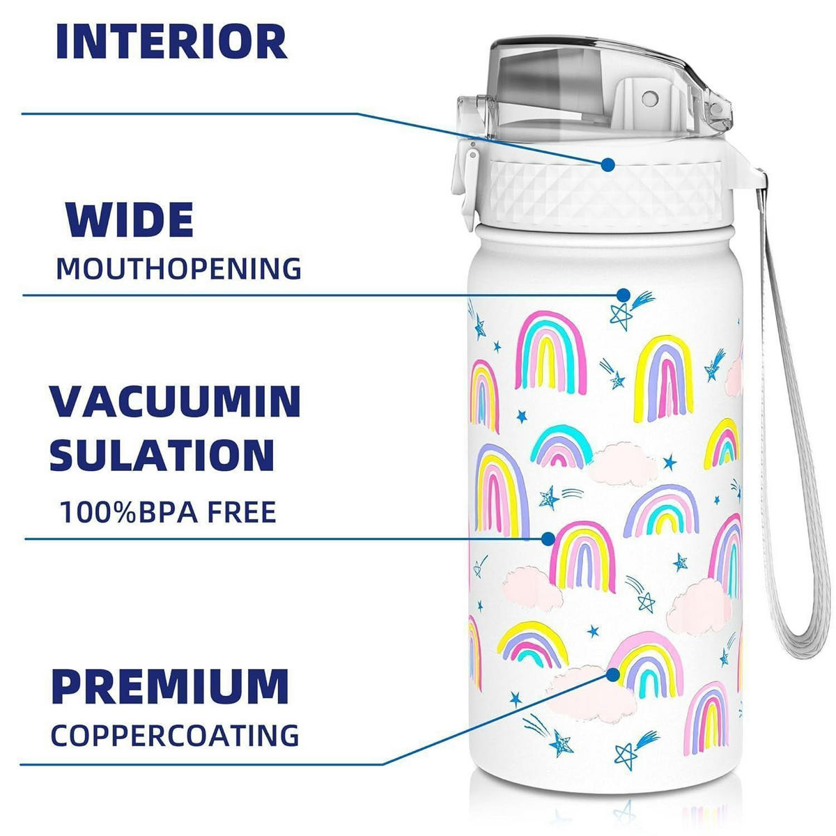 TRINKFLASCHE Kinder 420 ml Edelstahl mit Strohhalm und auslaufsicherem Deckel Weißer Regenbogen - Multicolor, Metall (7.5/7.5cm)