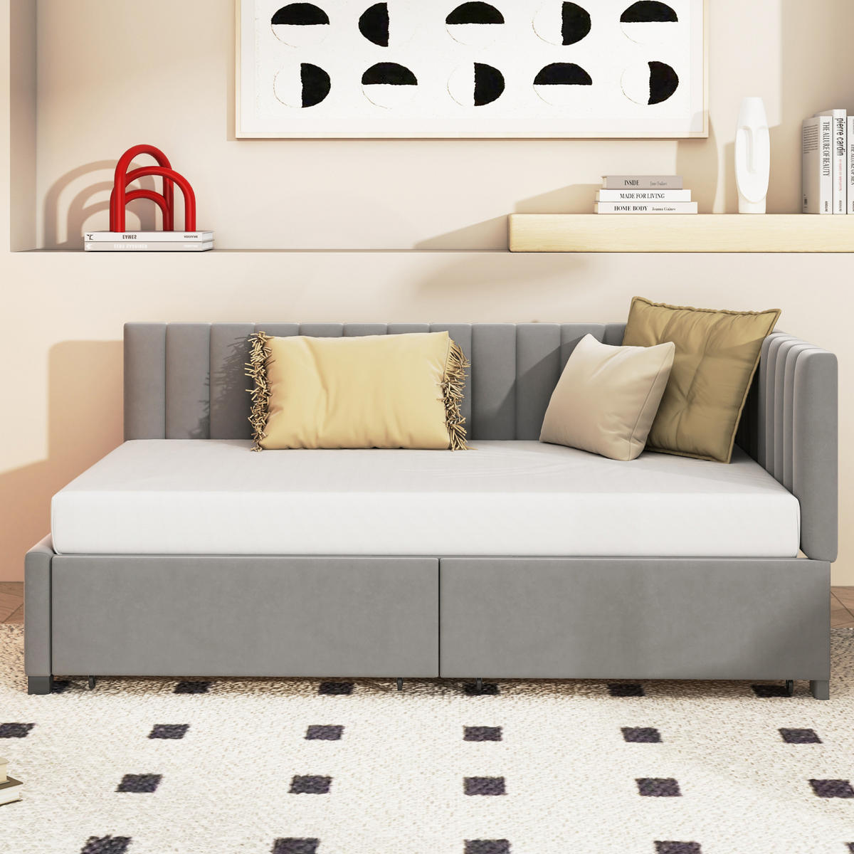 TAGESBETT 90/200 cm mit 2 Stauraumschubladen, Lattenrost und Samtbezug, Grau - Grau, Leder (90/200cm) - Redom