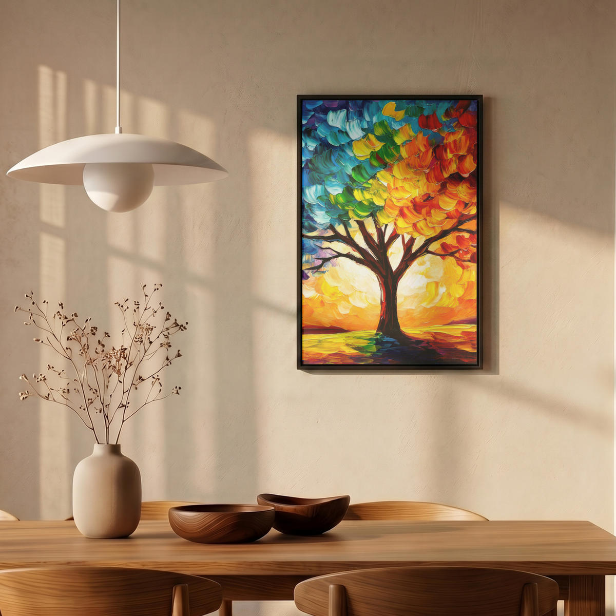 LEINWAND Bilder mit Rahmen - Baum - Kunst - Natur - Sonnenuntergang - 40x60 - Multicolor, Textil (40/60cm) - MuchoWow