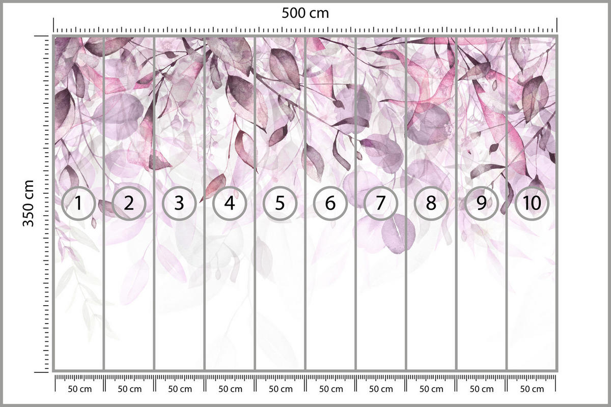 FOTOTAPETE für Schlafzimmer Aquarell Zarte Rosa Blätter Botanisch 500x350 - Violett/Weiß, Papier (500/350cm) - Muralo