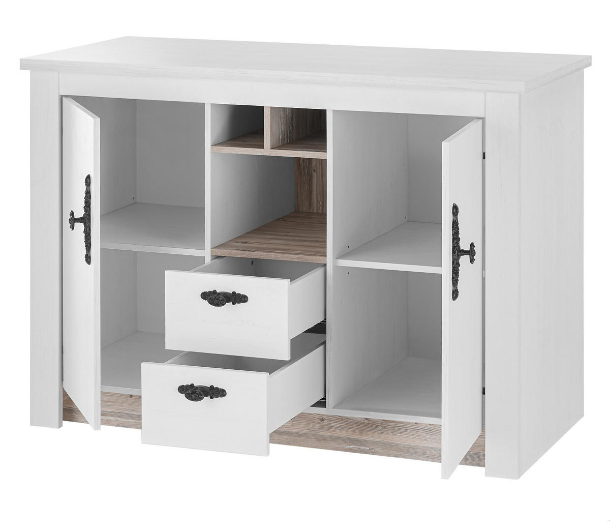 KÜCHENSCHRANK weiß Pinie Landhaus, Küche Unterschrank für Spüle oder Kochfeld, 129 x 92 cm, Soft-Close - Schwarz/Weiß, Holzwerkstoff/Metall (129/92/60cm) - Furn.Design