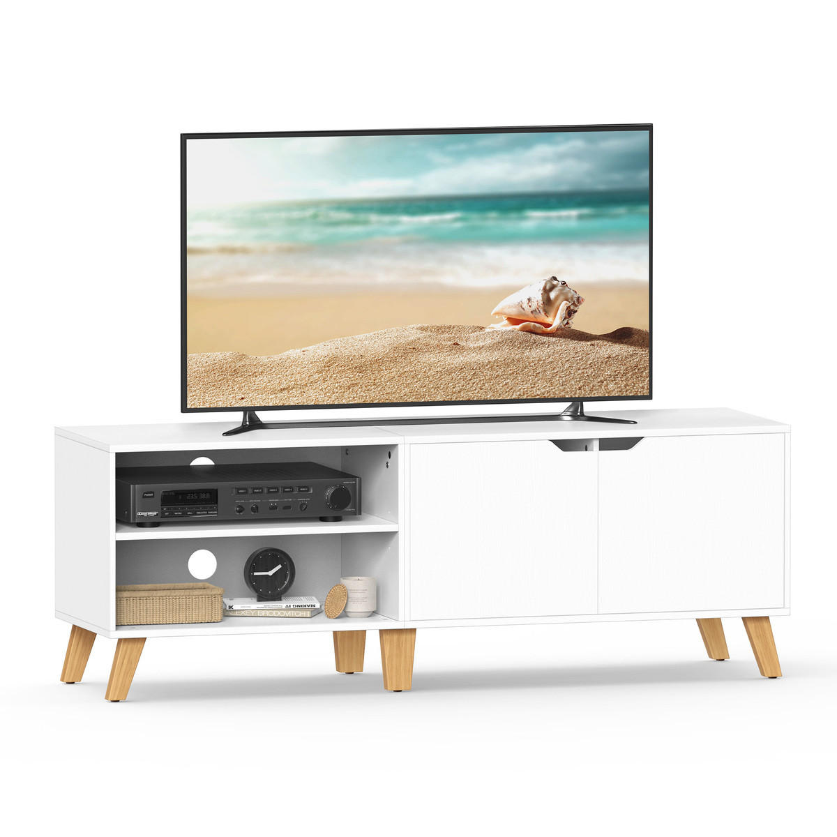 TV-MÖBEL 2 Fächer und 2 Türen weiß - L140 cm - Weiß, Holzwerkstoff (140/40/45cm) - Calicosy