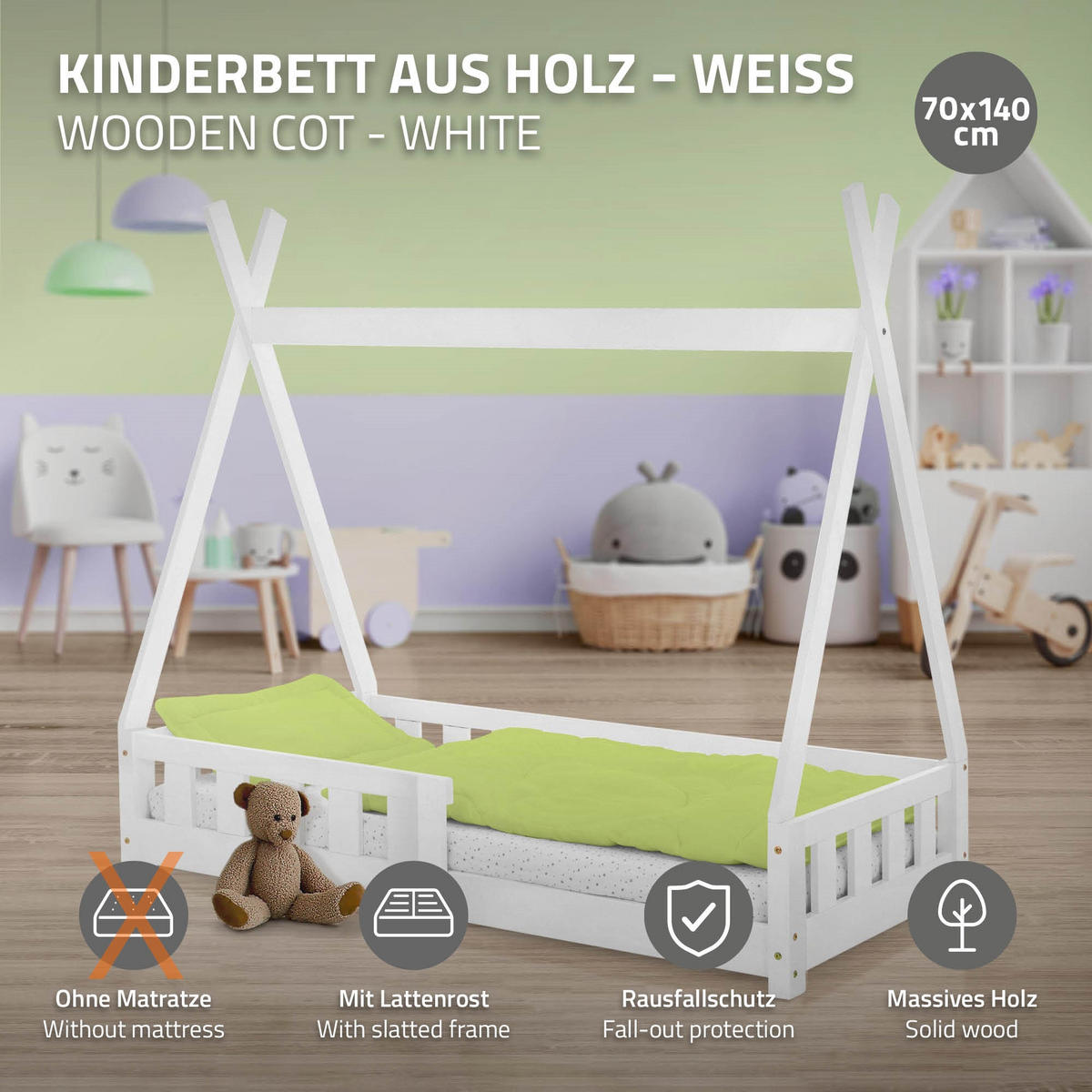 KINDERBETT Tipi 70x140 cm Weiß - Weiß, Holz (70/140cm) - ML-DESIGN