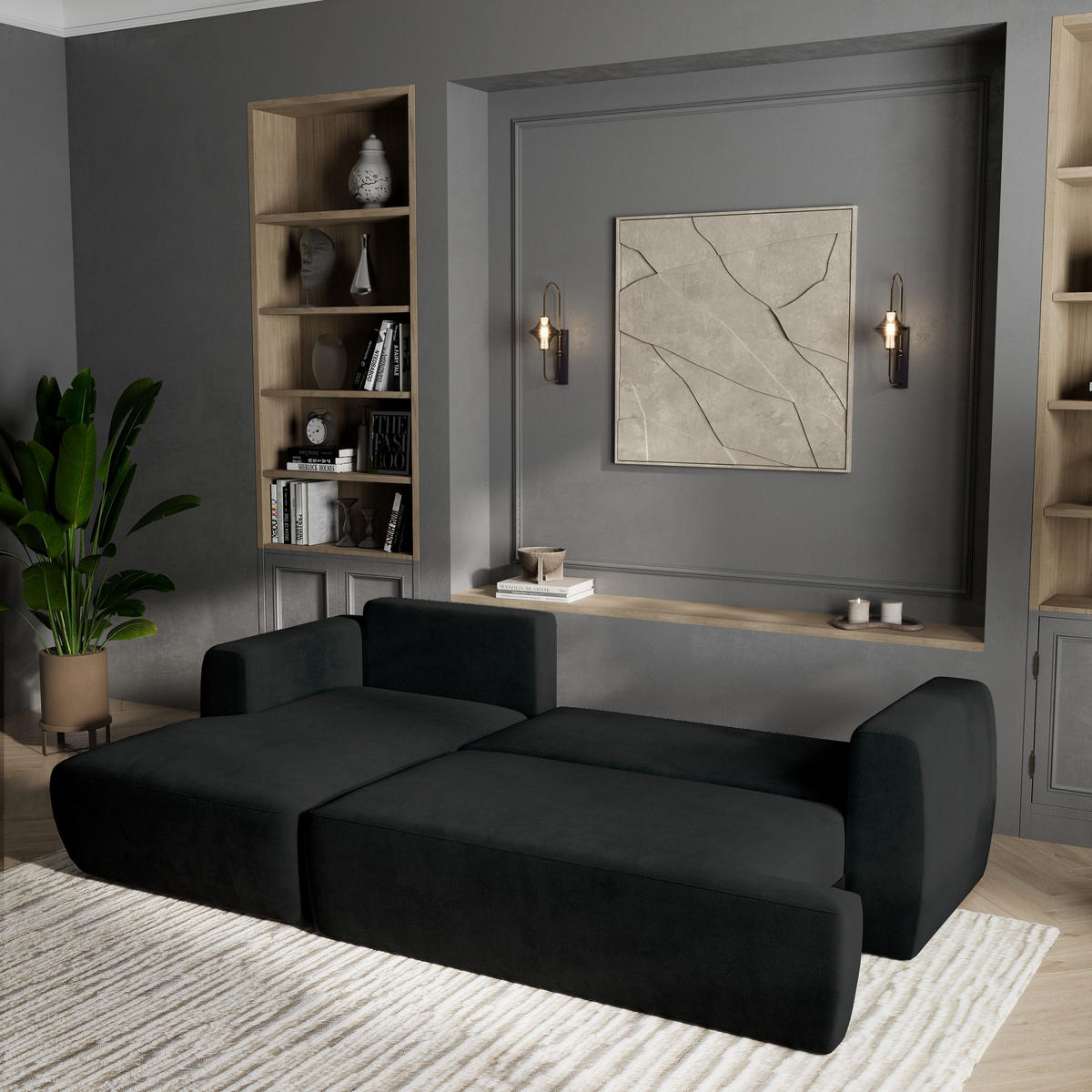 ECKSOFA SENTI K L-S Schwarz Plüsch-Stoff mit Schlaffunktion - Schwarz, Holz (246/148cm) - MASSENO