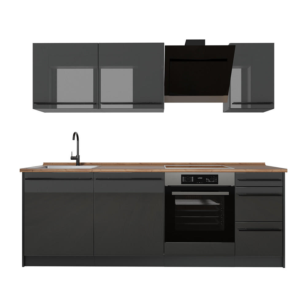 KÜCHENZEILE R-Line, Anthrazit Hochglanz/Anthrazit, 220 cm Arbeitsplatte Goldkraft Eiche - Schwarz Hochglanz/Anthrazit, Holzwerkstoff (220/81.6/60cm) - Vicco