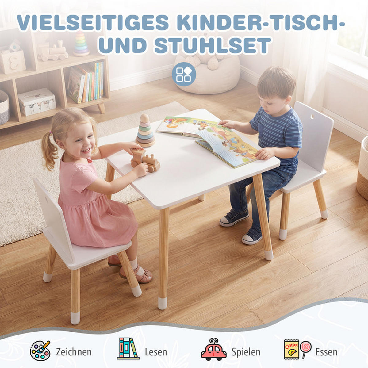 KINDERSITZGRUPPE Holz weiß(3-tlg) - Weiß, Holzwerkstoff (63/49/52.5cm) - COSTWAY