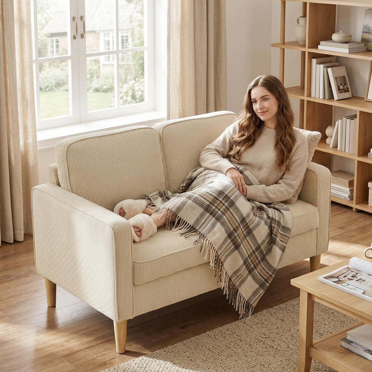 SOFA Polyester Beige - Beige/Naturfarben, Holz/Textil (63/79/117cm) - HOMCOM