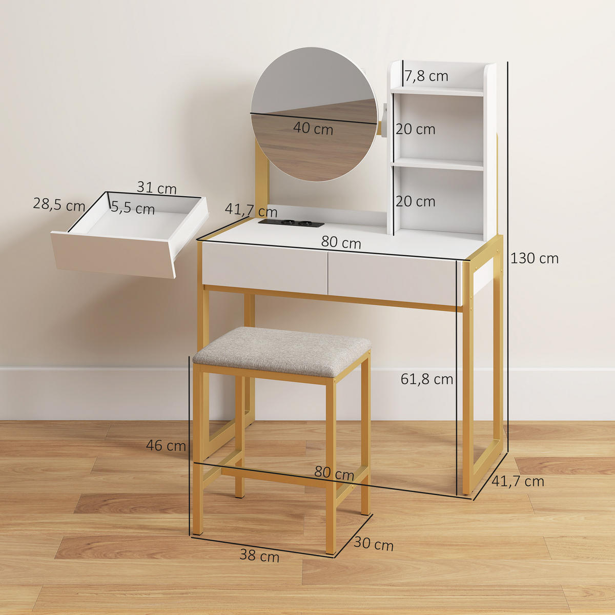 SCHMINKTISCH DE-18314 Weiß - Weiß, Holzwerkstoff (41.7/130/80cm) - ComfortXL