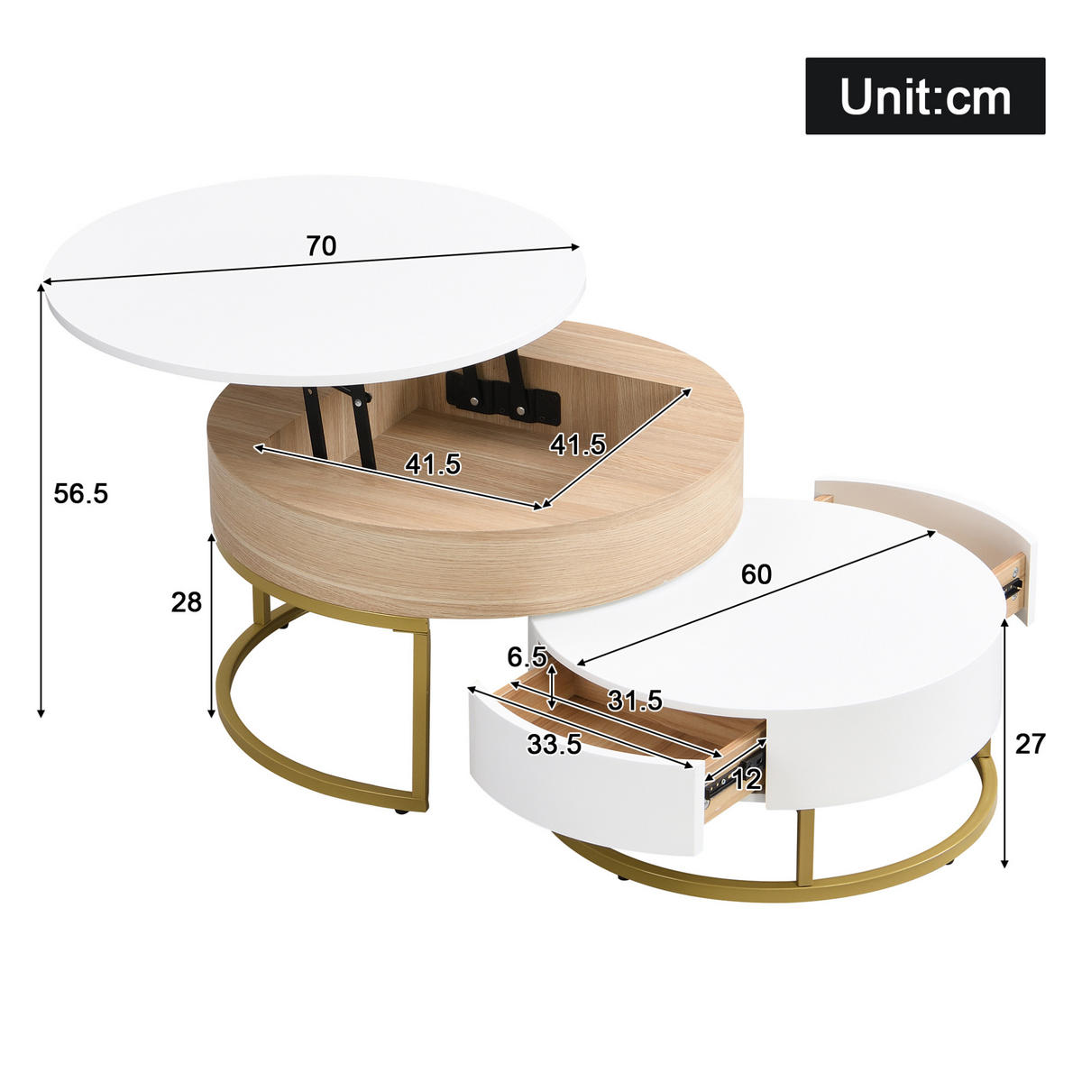 COUCHTISCH-SET aus MDF 70x70x56 cm Weiß und Gold mit höhenverstellbarer Tischplatte und Schublade - Weiß, Holzwerkstoff (70/70/56.5cm) - IVMEU