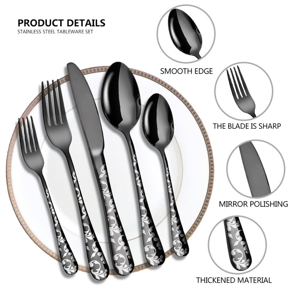 BESTECK-SET, 20 Stück, 5 Sorten - Schwarz, Metall