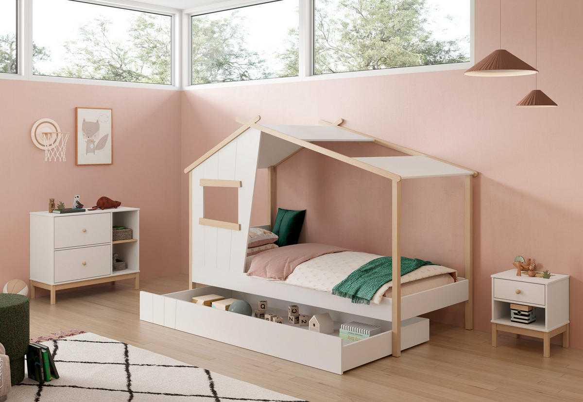 HÜTTENBETT mit schrägem Dach und verspieltem Fenster 90x190 cm 103/215,4/158.5 cm - Weiß, Holz (190/90cm) - Calicosy