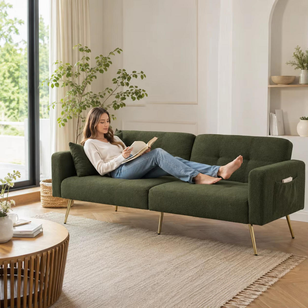 SCHLAFSOFA 2-Sitzer Sherpa, Verstellbare Rückenlehne mit Bettfunktion, Antikgrün - Dunkelgrün, Textil (175/72/64cm) - Kaket
