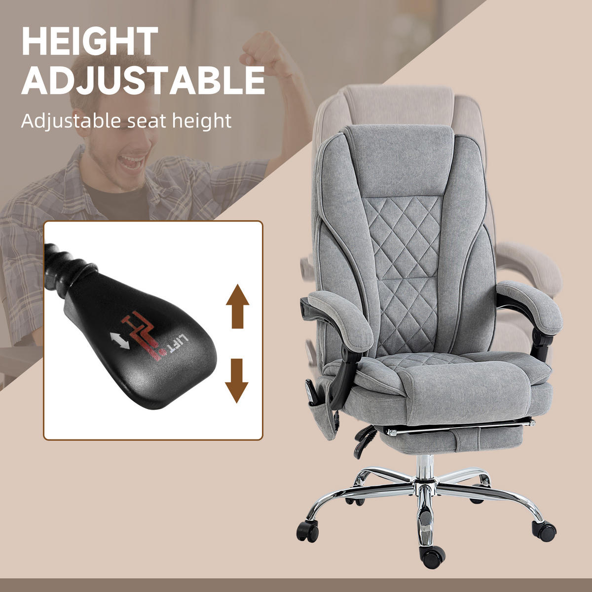 BÜROSTUHL mit Vibrtationsmassage, Ergonomischer Schreibtischstuhl mit Heizung - Grau, Metall (67/119/72cm) - Vinsetto