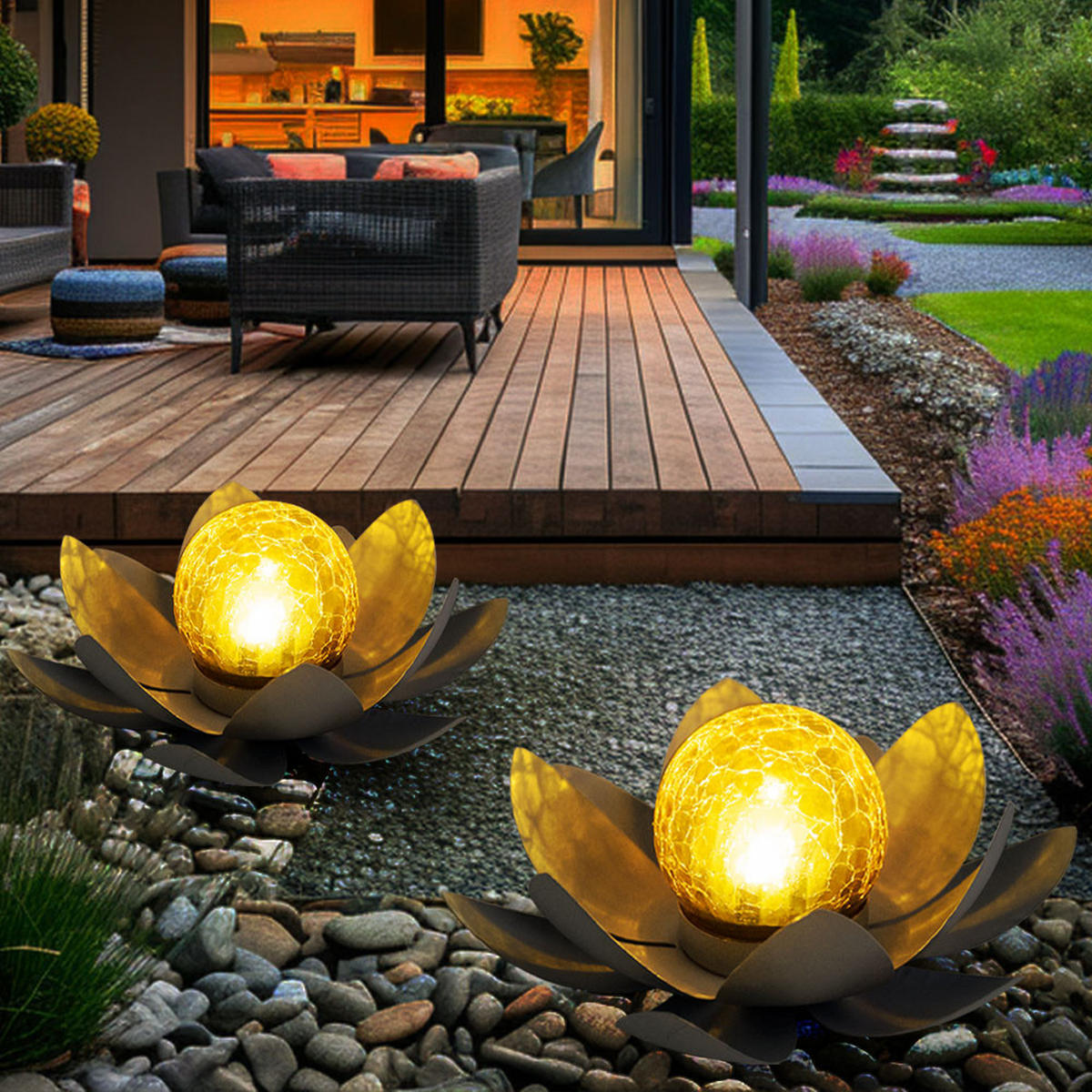 LED AUSSENLEUCHTE Lotusblume Grau 2er Set - Grau, Glas (25/25/9cm) - Globo Lighting