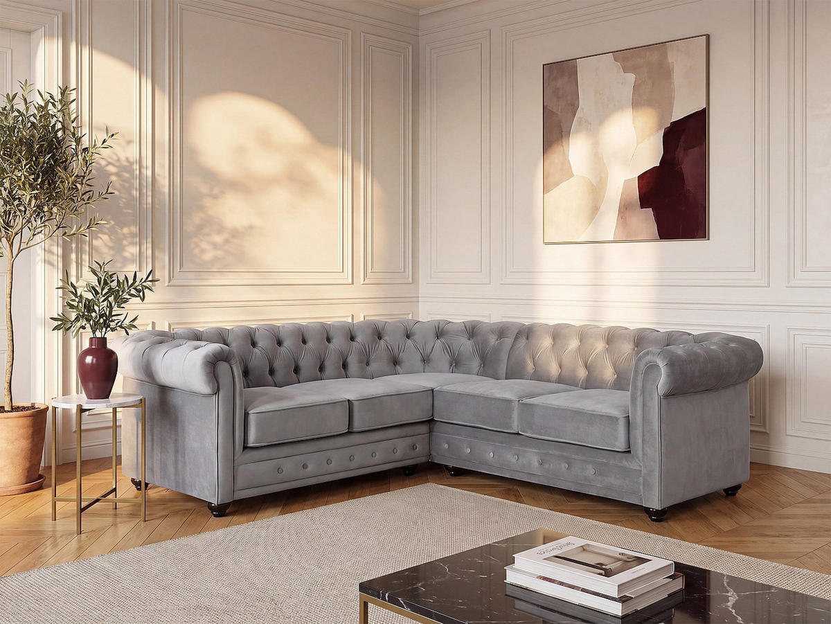 SOFA - 5 Personen - samt - hellgrau Chesterfield - Hellgrau, Holz/Textil (220/74/220cm) - Vente-Unique
