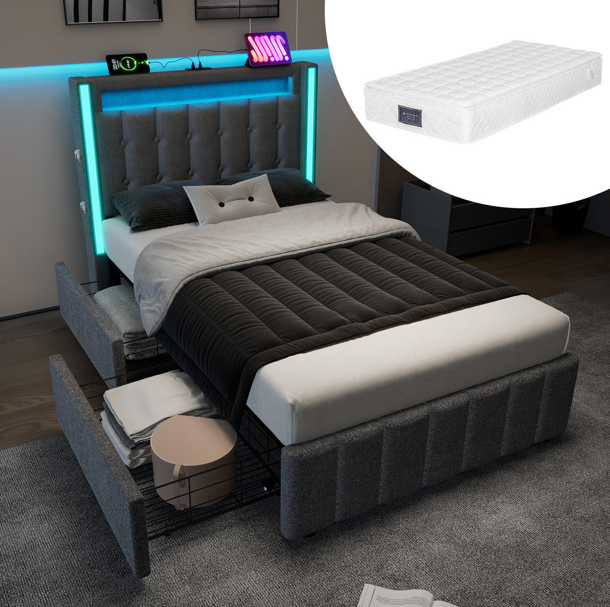 POLSTERBETT 90/200 cm Grau aus Leinen mit LED-Beleuchtung, Ladefunktion und 2 Schubladen - Grau, Textil (90/200cm) - OKMYHOME