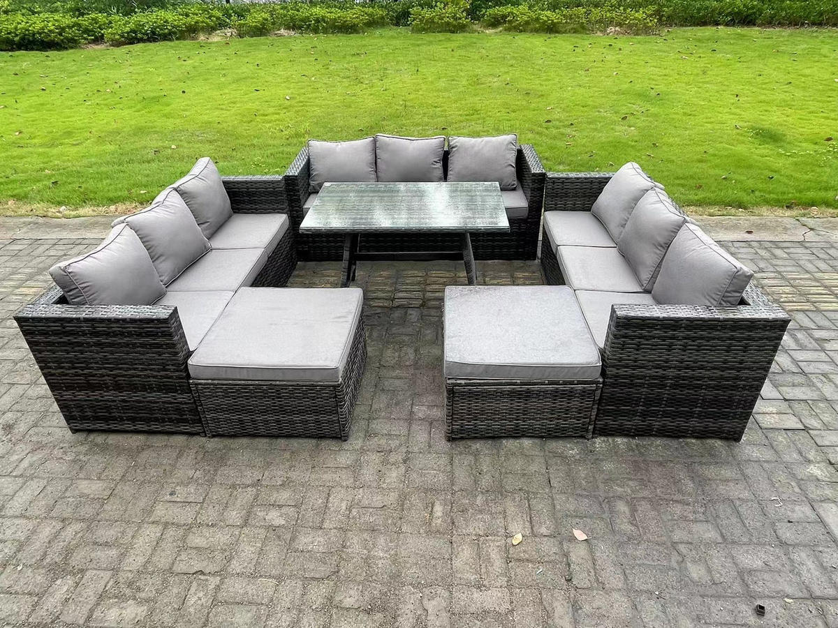 GARTENMÖBELSET mit 2 Hockern 11-Sitzer Grau - Dunkelgrau/Grau, Glas/Kunststoff - Fimous
