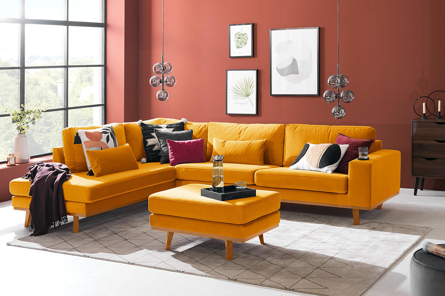 ECKSOFA mit Ottomane - Gelb/Buchefarben, Textil (287/219cm) - home24