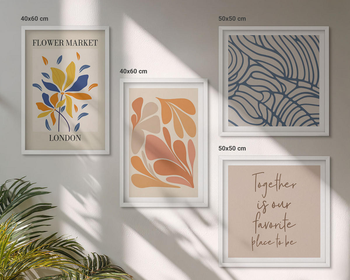 BILDER SET 4er Set - 50x50 cm & 40x60 cm Weißer Rahmen - Moderne abstrakte Blumen - Weiß, Kunststoff (50/50cm) - TULUP